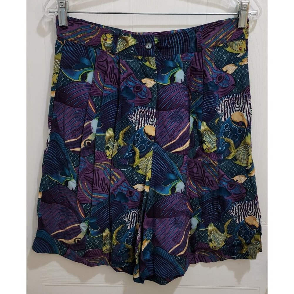 Vtg GALINDA High Rise Pleated Shorts 100% Silk Novelty Fish Print Size Small